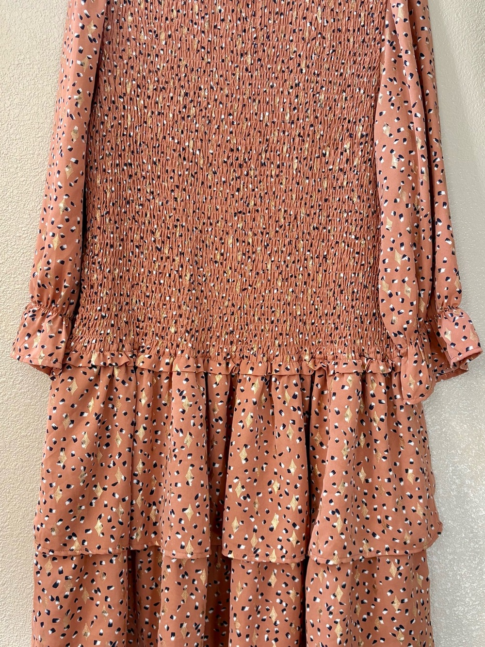 J Robert’s Smocked Tiered Midi Dress in Peach with Abstract Spot Print